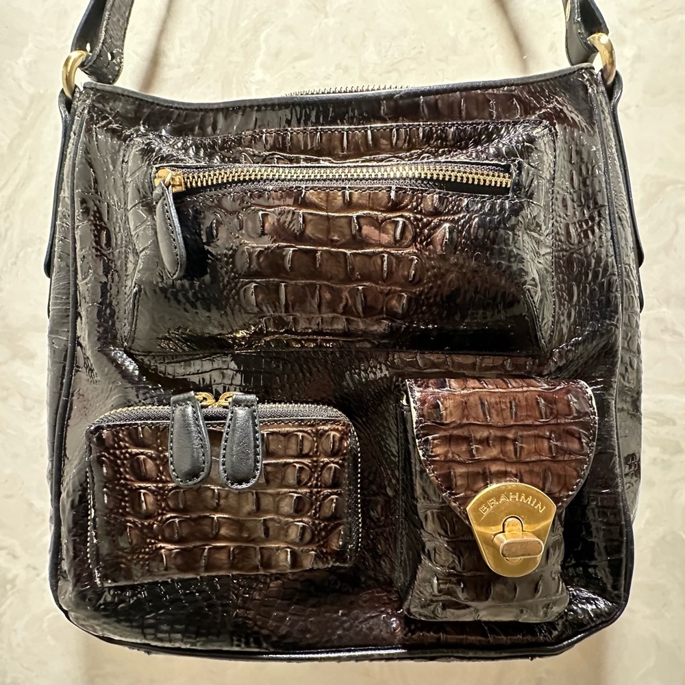Brahmin Black and Brown Croc-Embossed Crossbody Bag